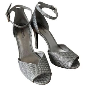Michael Kors Womens Cambria Glitter Metallic Silver Ankle Strap Sandals Sz‎ 5.5M